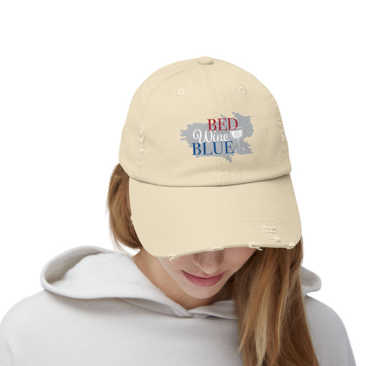 Unisex Distressed Cap - "Bed, Wine, Blue" - Relaxed Style for Wine Lovers, Gifts, Casual Wear, Birthday Present, Wine Night Cap