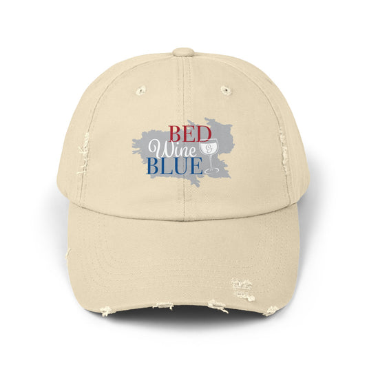 Unisex Distressed Cap - "Bed, Wine, Blue" - Relaxed Style for Wine Lovers, Gifts, Casual Wear, Birthday Present, Wine Night Cap